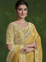 Pastel Yellow Crush Paper Silk Saree With Stitched Blouse